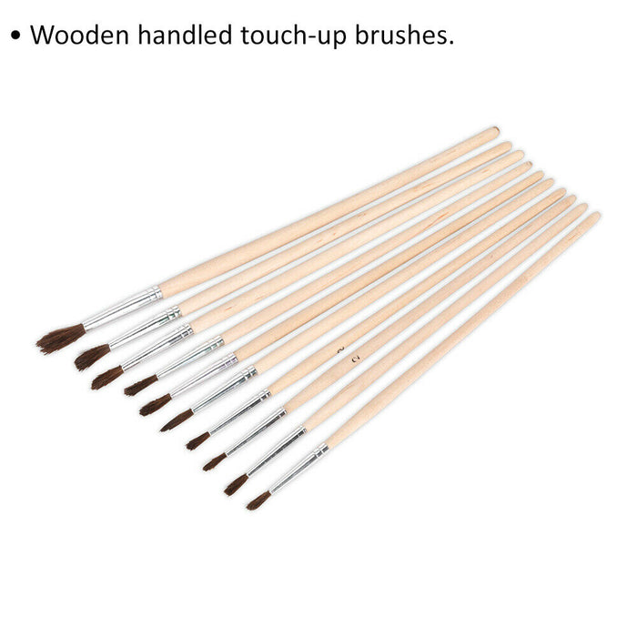 10 Piece Wooden Handled Touch-Up Paint Bush Set - 180-200mm - Decorators Brush Loops