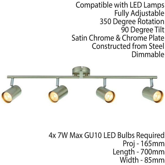 4 Way Adjustable Ceiling Spotlight Satin Chrome Quad GU10 Kitchen Bar Downlight Loops