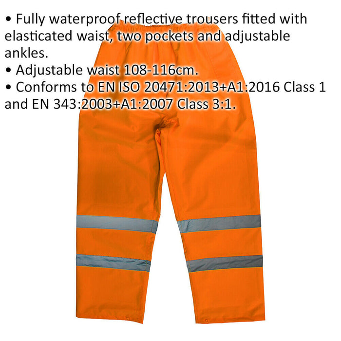 MEDIUM Orange Hi-Vis Waterproof Trousers - Elasticated Waist Adjustable Ankles Loops