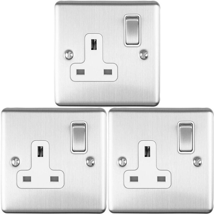 3 PACK 1 Gang Single UK Plug Socket SATIN STEEL 13A Switched White Trim Plate Loops