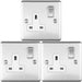 3 PACK 1 Gang Single UK Plug Socket SATIN STEEL 13A Switched White Trim Plate Loops