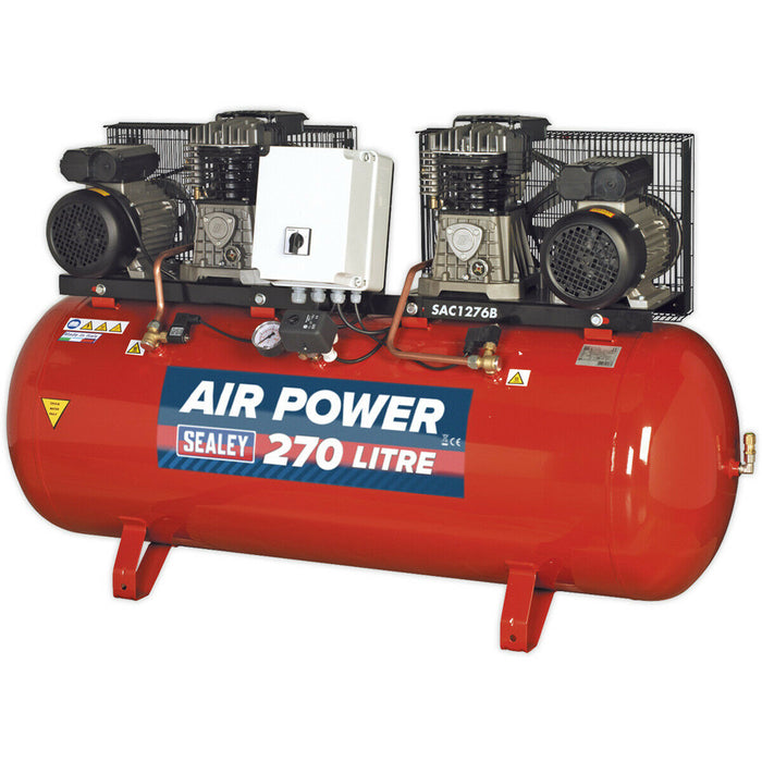 270 Litre Belt Drive Air Compressor - Dual 3hp Motors & Pumps - Cast Cylinders Loops