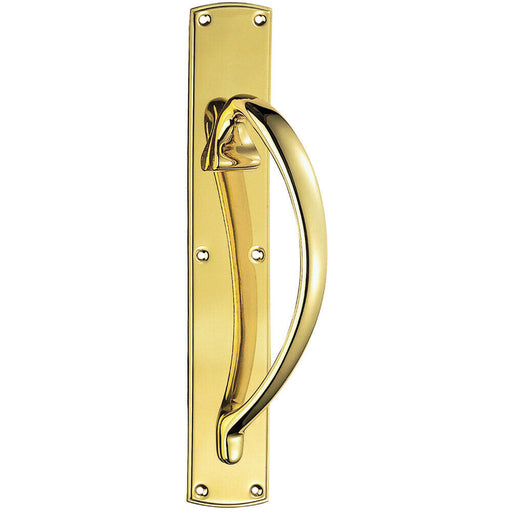 Right Handed Curved Door Pull Handle 457 x 75mm Backplate Polished Brass Loops