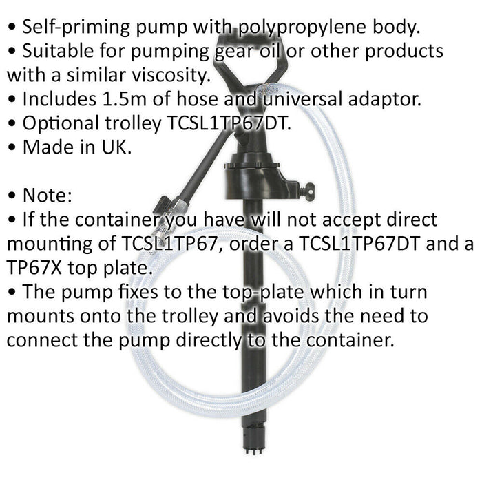 Self-Priming Gear Oil Pump - 1.5m Hose - Universal Adaptor - Polypropylene Loops