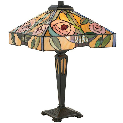 Tiffany Glass Table Lamp Light Dark Bronze & Multi Colour Rose Shade i00234 Loops
