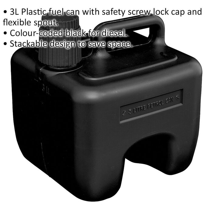 3L Stackable Plastic Fuel Can - Safety Screw Lock Cap - Flexible Spout - Black Loops