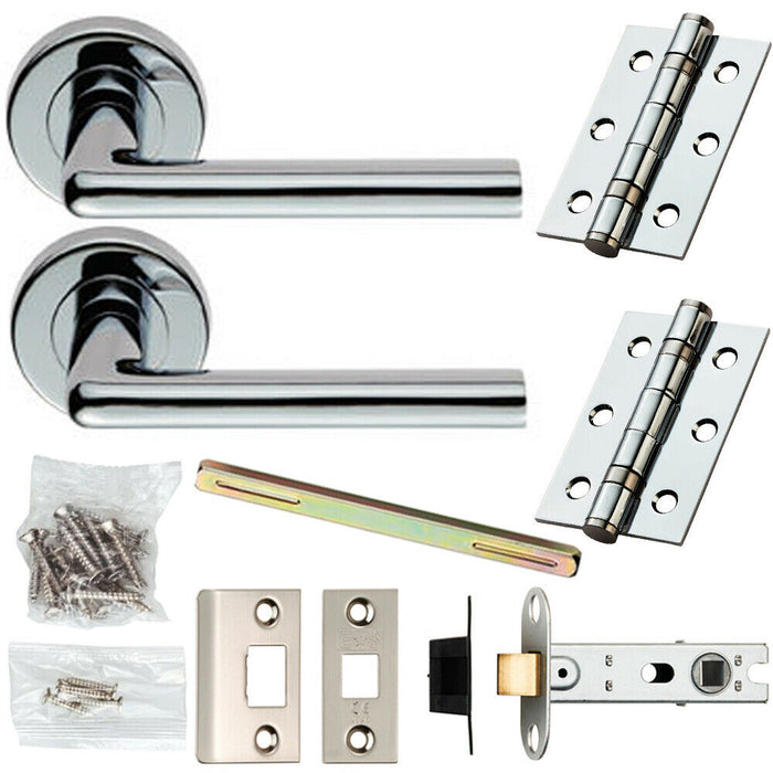 Door Handle & Latch Pack Chrome Straight Round Bar Lever Screwless Round Rose Loops