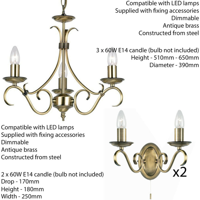 3 Lamp Ceiling & 2x Twin Wall Light Pack Antique Brass Vintage Matching Fittings Loops