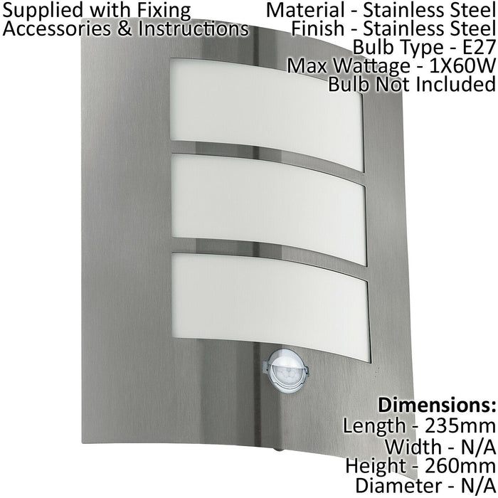 IP44 Outdoor Wall Light & PIR Motion Sensor Stainless Steel 1x 60W E27 Bulb Loops