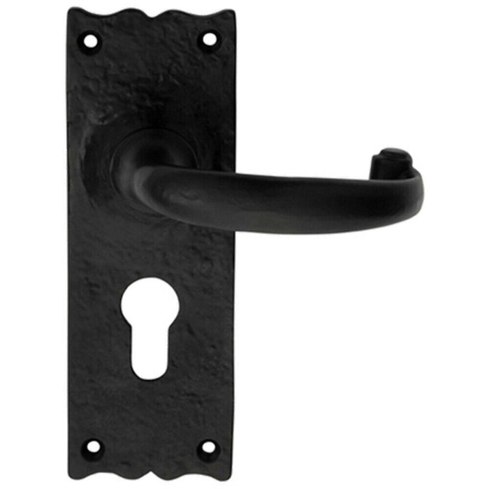 PAIR Forged Curved Lever Handle on Euro Lock Backplate 155 x 54mm Black Antique Loops