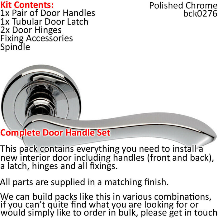 Door Handle & Latch Pack Chrome Modern Scroll Curved Arm Screwless Round Rose Loops