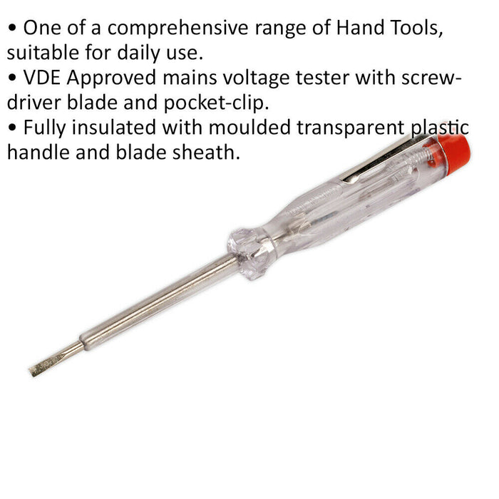140mm Mains Voltage Tester - VDE Approved - Screwdriver Blade - Fully Insulated Loops