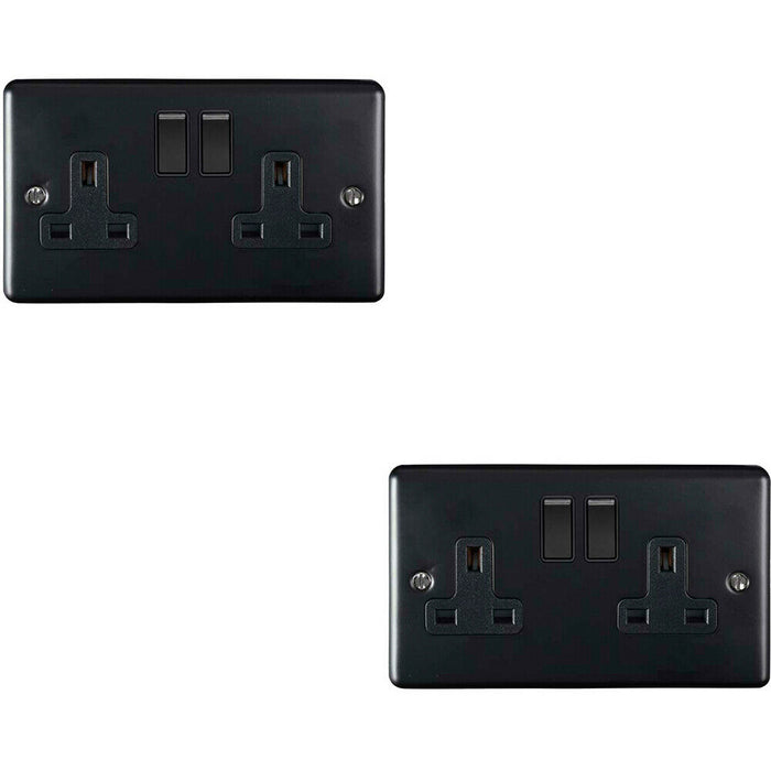 2 PACK 2 Gang Double UK Plug Socket MATT BLACK 13A Switched Power Outlet Loops