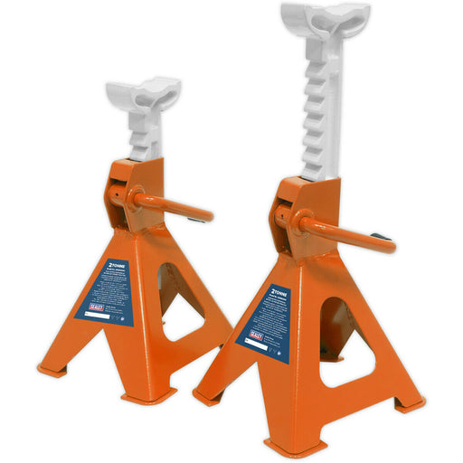 PAIR 2 Tonne Ratchet Type Axle Stands - 276mm to 410mm Working Height - Orange Loops