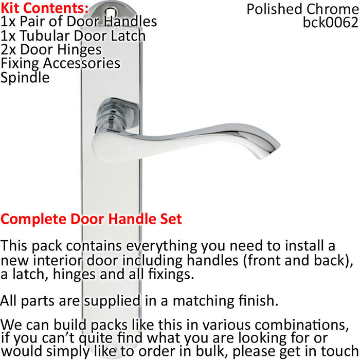Door Handle & Latch Pack Chrome Victorian Scroll on Tall Backplate 241 x 40mm Loops