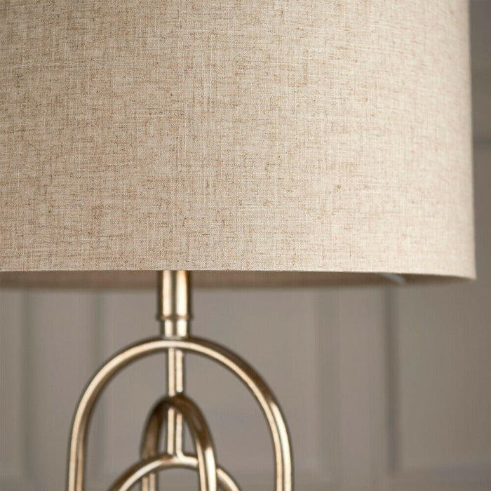 Unique Metal Table Lamp Antique Silver Linen Shade Modern Bedside Feature Light Loops