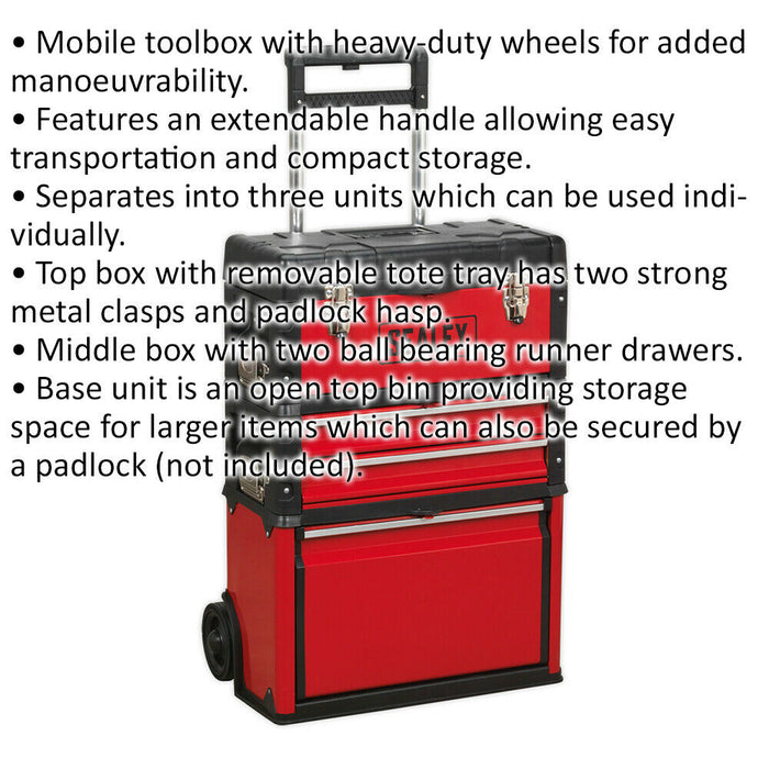 495 x 280 x 720mm Portable Tool Chest / Toolbox - Multi Compartment Wheeled Unit Loops