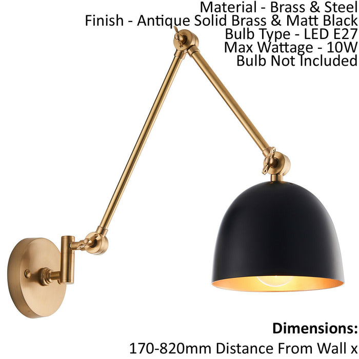 Wall Light - Antique Solid Brass & Matt Black - 10W LED E27 - Dimmable - e10392 Loops
