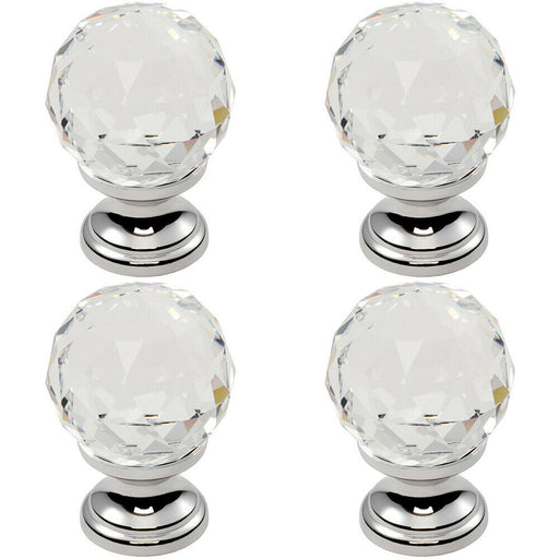 2x Faceted Crystal Cupboard Door Knob 35mm Dia Polished Chrome Cabinet Handle Loops