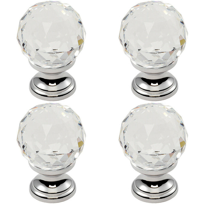 2x Faceted Crystal Cupboard Door Knob 35mm Dia Polished Chrome Cabinet Handle Loops
