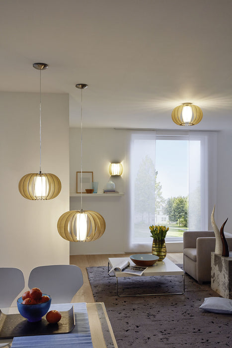 Flush Ceiling Light Satin Nickel Shade Maple White Wood Glass Bulb E27 1x60W Loops