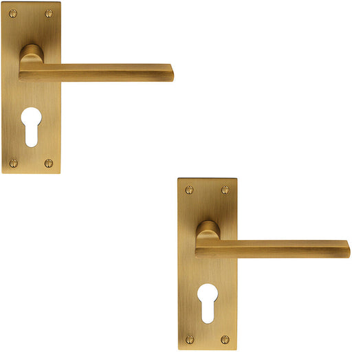 2x PAIR Straight Bar Lever on Slim Euro Lock Backplate 150 x 50mm Antique Brass Loops