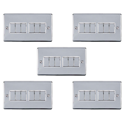 5 PACK 6 Gang Metal Multi Light Switch POLISHED CHROME 2 Way 10A White Trim Loops