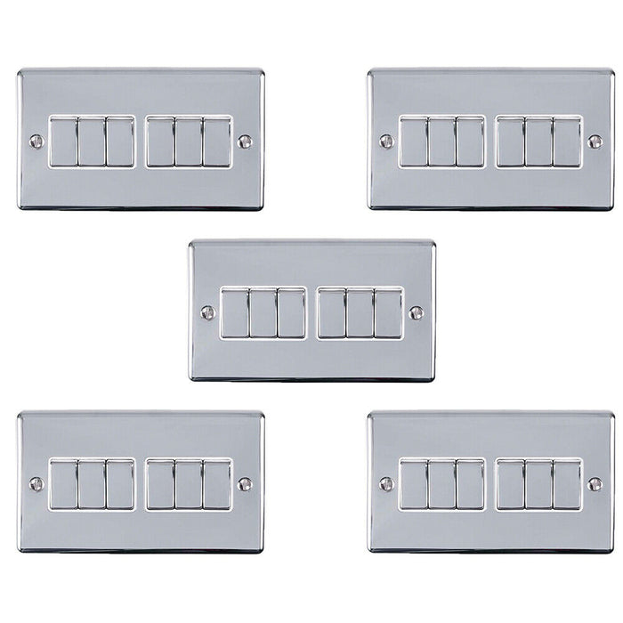 5 PACK 6 Gang Metal Multi Light Switch POLISHED CHROME 2 Way 10A White Trim Loops