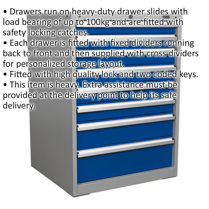 8 Drawer Industrial Cabinet - 725 x 655 x 1000mm - Heavy Duty Drawer Slides Loops