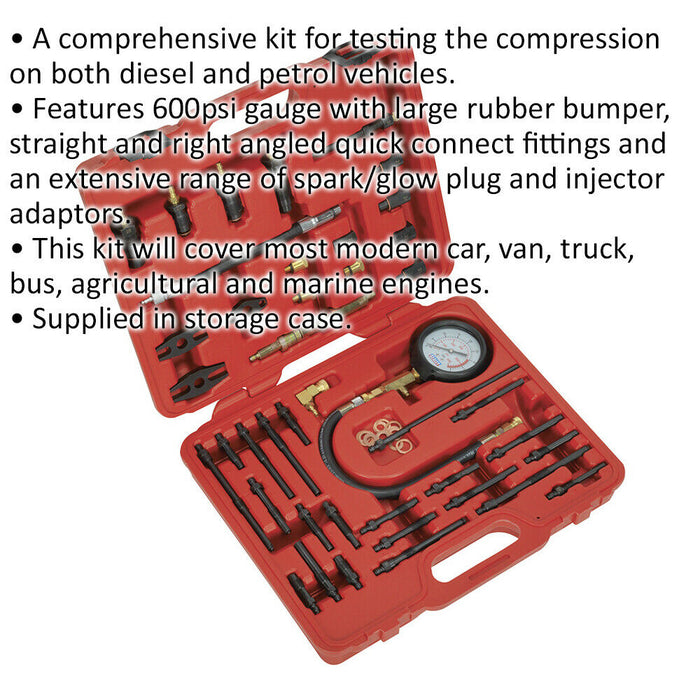 Master Compression Test Kit - Diesel & Petrol Vehicles - 600 psi Gauge - Case Loops