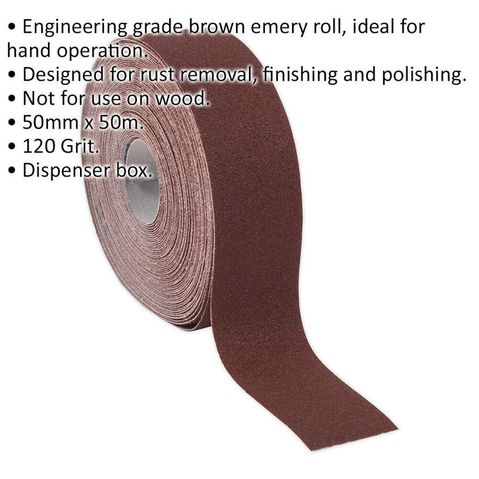 Engineers Brown Emery Roll - 50mm x 50m - Rust Removal & Polishing - 120 Grit Loops