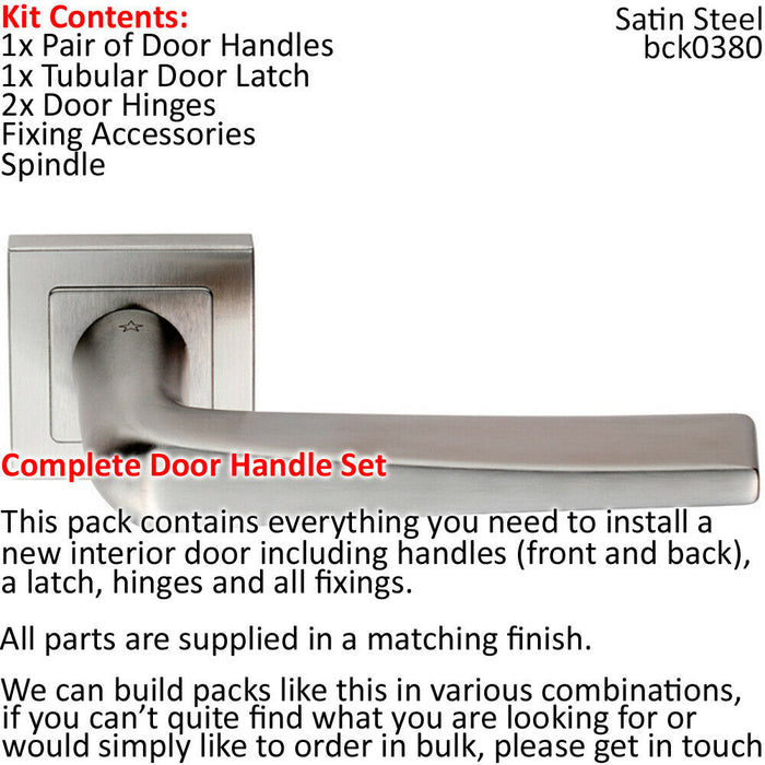 Door Handle & Latch Pack Satin Steel Tapered Slim Lever Screwless Square Rose Loops