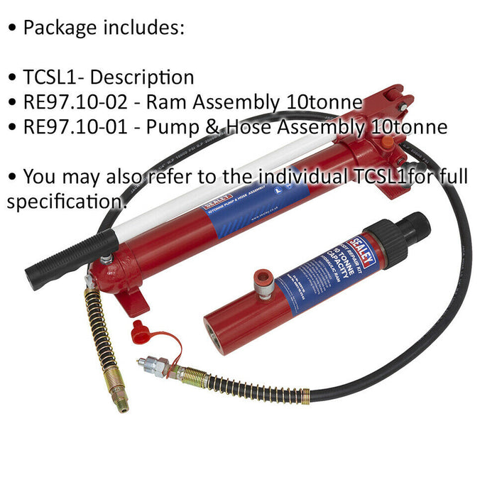 10 Tonne Push Ram with Pump & Hose Assembly - 1/4" BSP Outlet - Body Repair Ram Loops