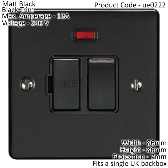13A DP Switched Fuse Spur & Neon Light MATT BLACK & Black Mains Isolation Loops
