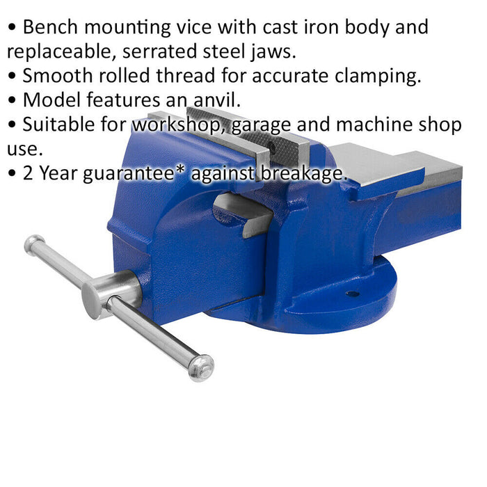 Bench Mountable Fixed Base Vice - 150mm Jaw Opening - Cast Iron - Built In Anvil Loops