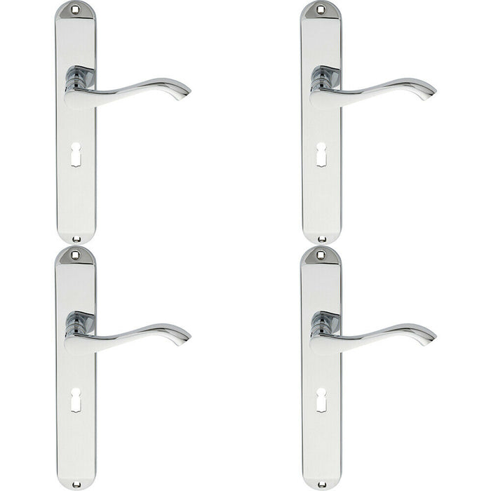 4x PAIR Curved Handle on Long Slim Lock Backplate 241 x 40mm Polished Chrome Loops