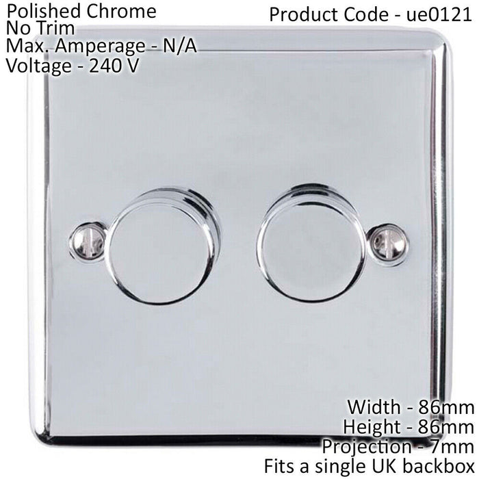 2 Gang 400W 2 Way Rotary Dimmer Switch CHROME Light Dimming Wall Plate Loops