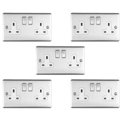 5 PACK 2 Gang Double UK Plug Socket SATIN STEEL & White 13A Switched Outlet Loops