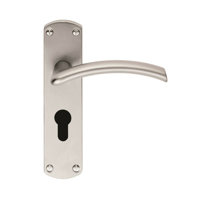2x Arched Lever on Euro Lock Backplate Door Handle 170 x 42mm Satin Chrome Loops