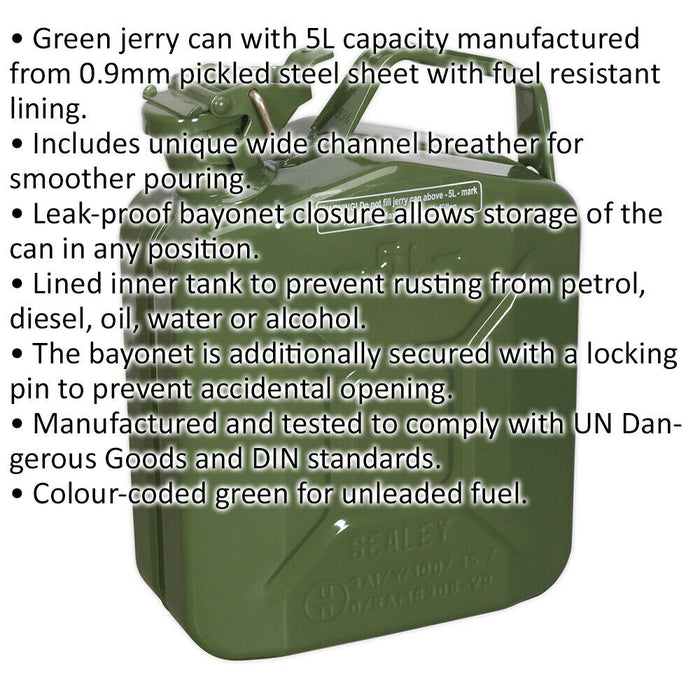 5 Litre Jerry Can - Leak-Proof Bayonet Closure - Fuel Resistant Lining - Green Loops