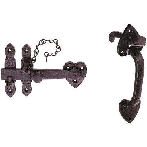 Ornate Thumb Latch Door Handle Set for Outdoor Gates Black Antique Finish Loops