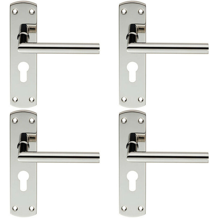 4x Mitred Lever Door Handle on Euro Lock Backplate 172 x 44mm Polished Steel Loops