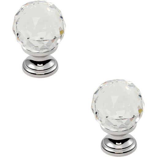 2x Faceted Crystal Cupboard Door Knob 31mm Dia Polished Chrome Cabinet Handle Loops