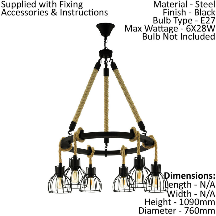 Hanging Ceiling Pendant Light Black & Rope 6x E27 Hallway Feature Chandelier Loops
