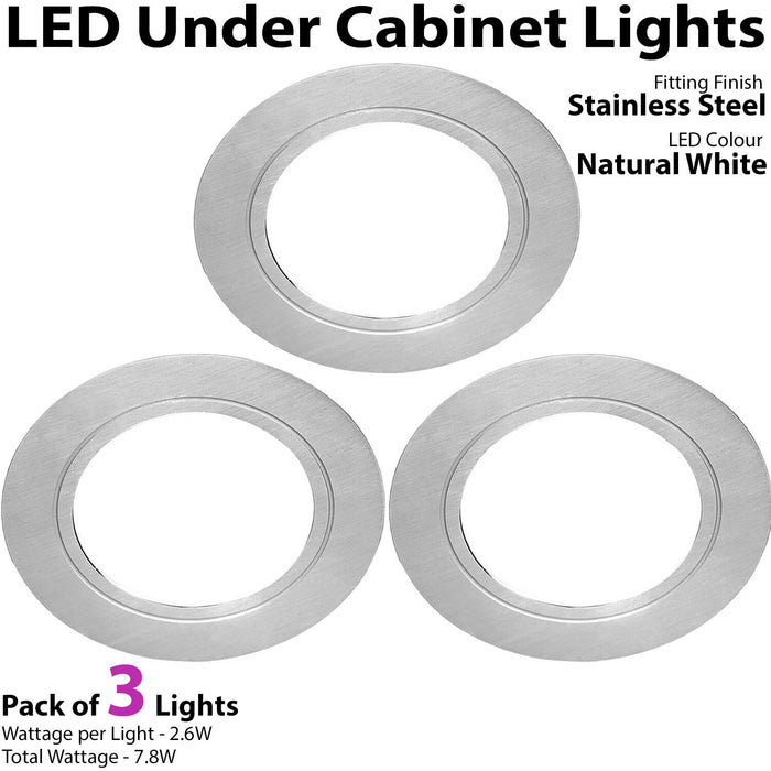 3x 2.6W LED Kitchen Flush Light & Driver Stainless Steel Natural Cool White Loops