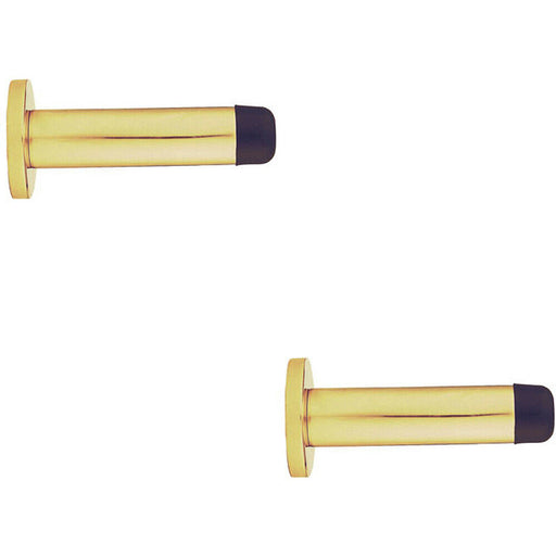 2x Rubber Tipped Doorstop Cylinder with Rose Wall Mounted 70mm Polished Brass Loops