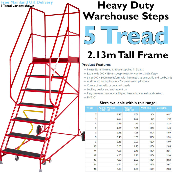 5 Tread HEAVY DUTY Mobile Warehouse Stairs Anti Slip Steps 2.13m Safety Ladder Loops