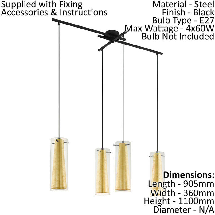 Pendant Ceiling Light Black Shade Inner Gold Outer Clear Glass Bulb E27 4x60W Loops