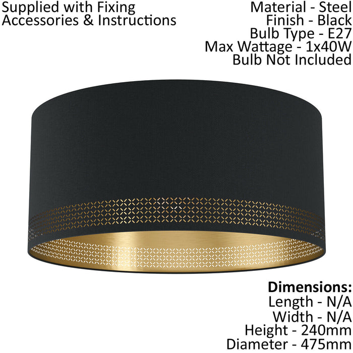 Wall Flush Ceiling Light Colour Black Shade Black Gold Fabric Bulb E27 1x40W Loops