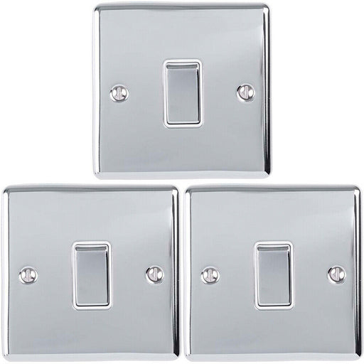 3 PACK 1 Gang Single Metal Light Switch POLISHED CHROME 2 Way 10A White Trim Loops